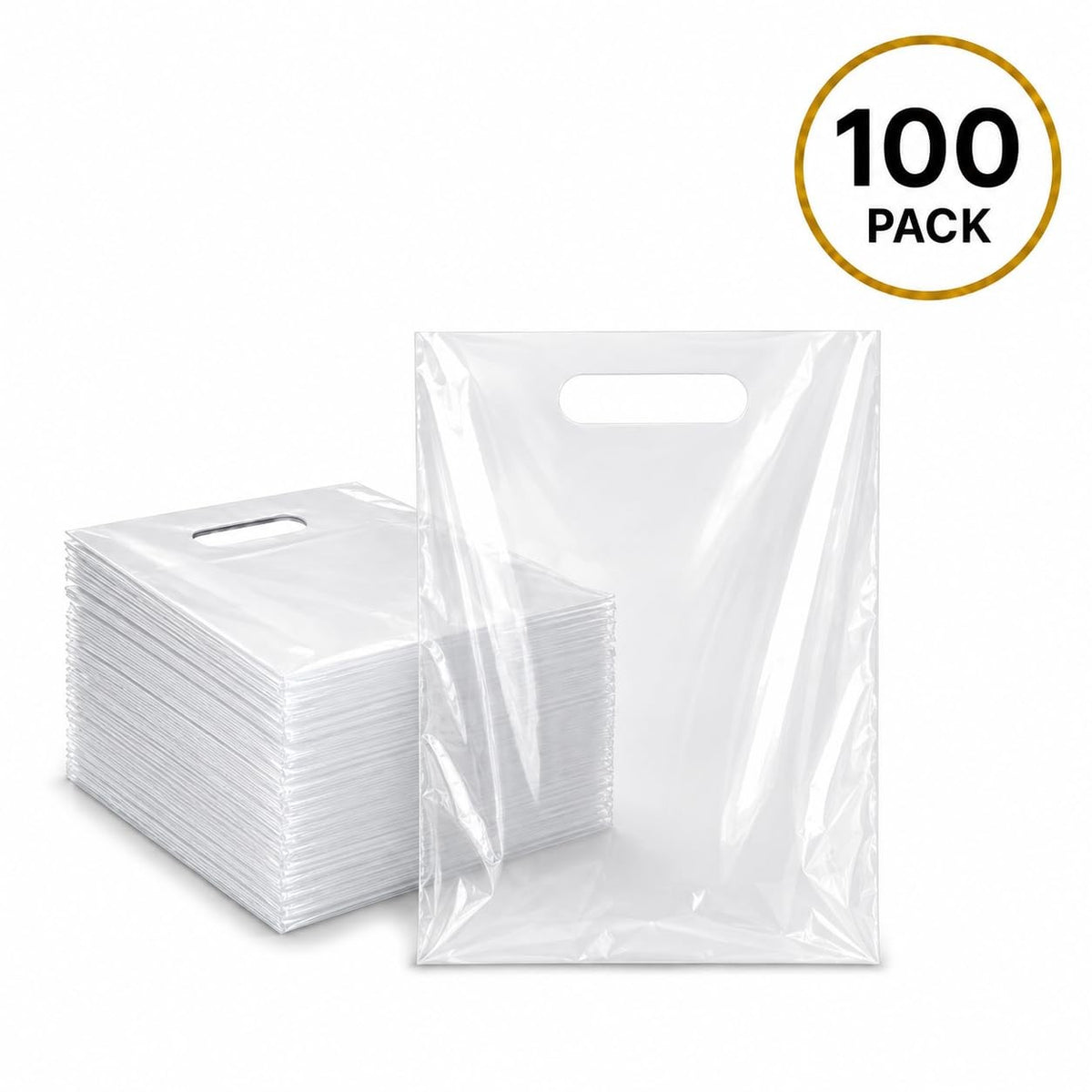 100 Pack Clear Plastic Shopping Bags 9" x 12" with Die Cut Handles