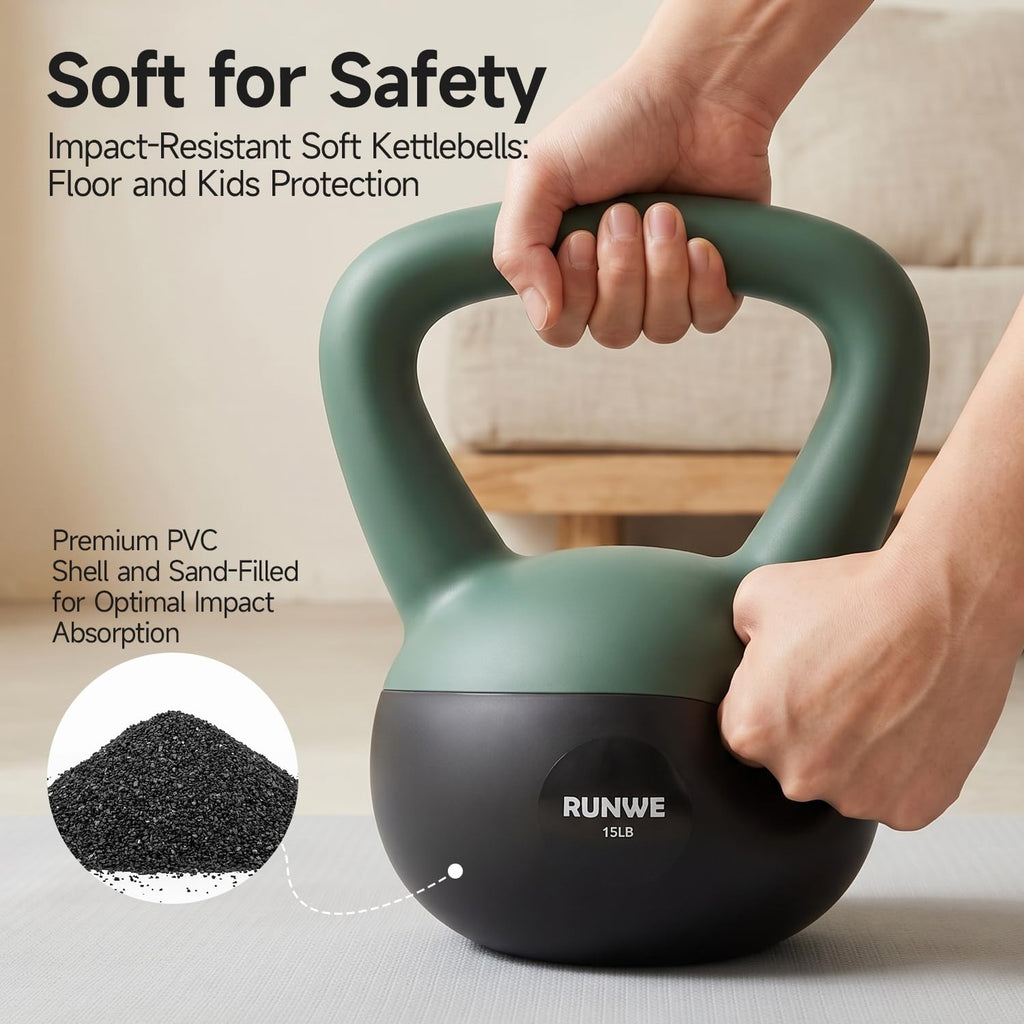 RUNWE Soft Kettlebell 5lb 10lb 15lb 20lb 25lb, Sand Filled Quiet FloorFriendl...