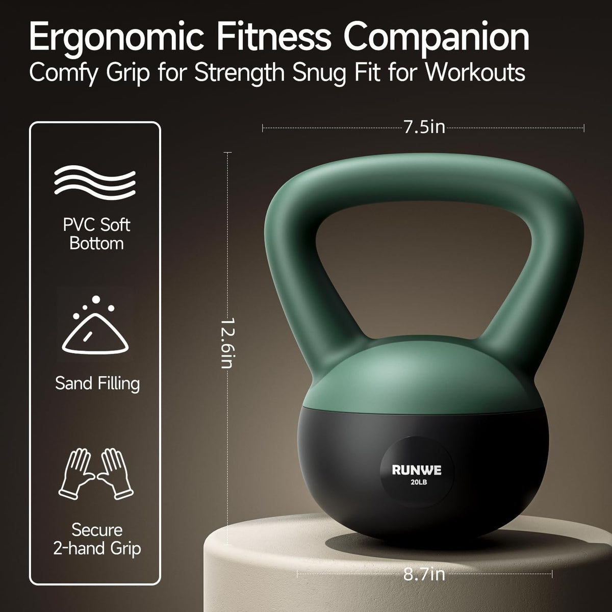 RUNWE Soft Kettlebell 5lb 10lb 15lb 20lb 25lb, Sand Filled Quiet FloorFriendl...