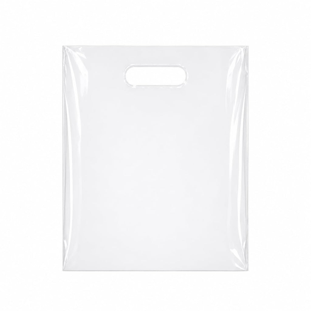 100 Pack Clear Plastic Shopping Bags 9" x 12" with Die Cut Handles