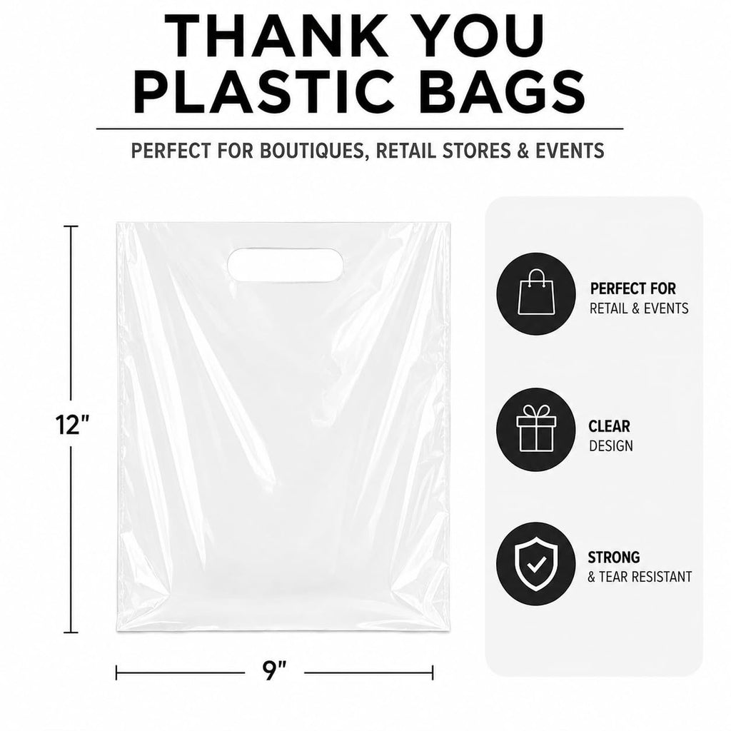 100 Pack Clear Plastic Shopping Bags 9" x 12" with Die Cut Handles