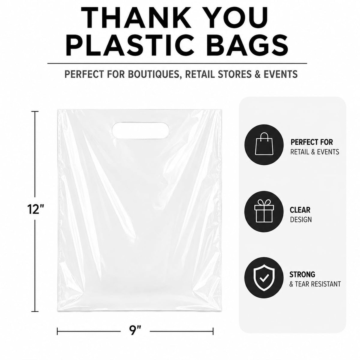 100 Pack Clear Plastic Shopping Bags 9" x 12" with Die Cut Handles