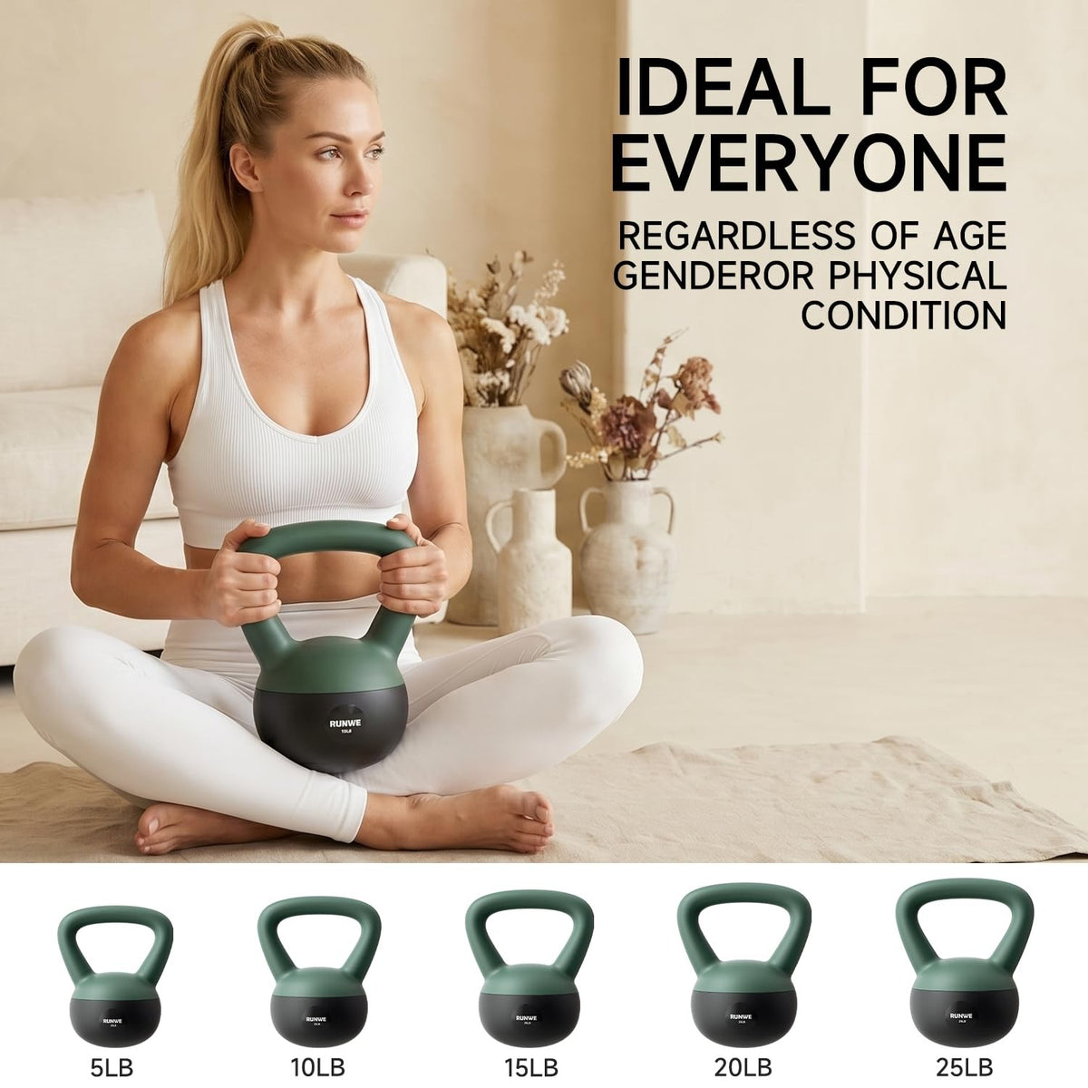 RUNWE Soft Kettlebell 5lb 10lb 15lb 20lb 25lb, Sand Filled Quiet FloorFriendl...
