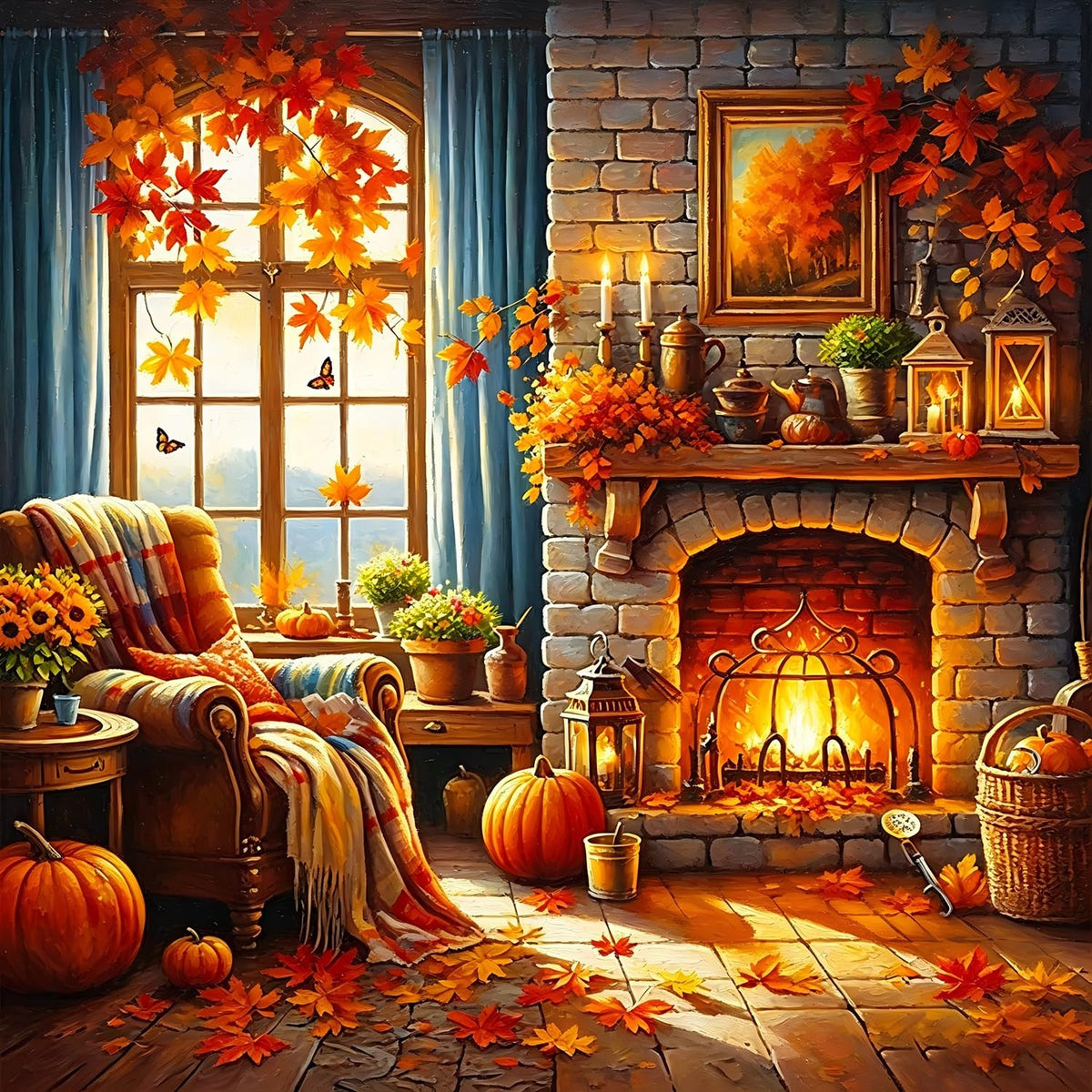 Fall Fireplace Leaf Diamond Art Kits for Adults, 5D Diamond Painting Kits for...