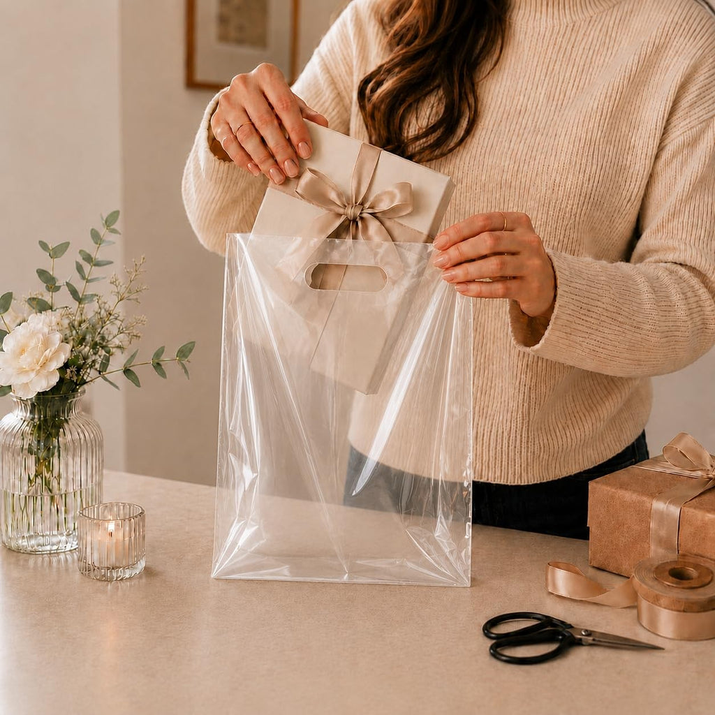 100 Pack Clear Plastic Shopping Bags 9" x 12" with Die Cut Handles